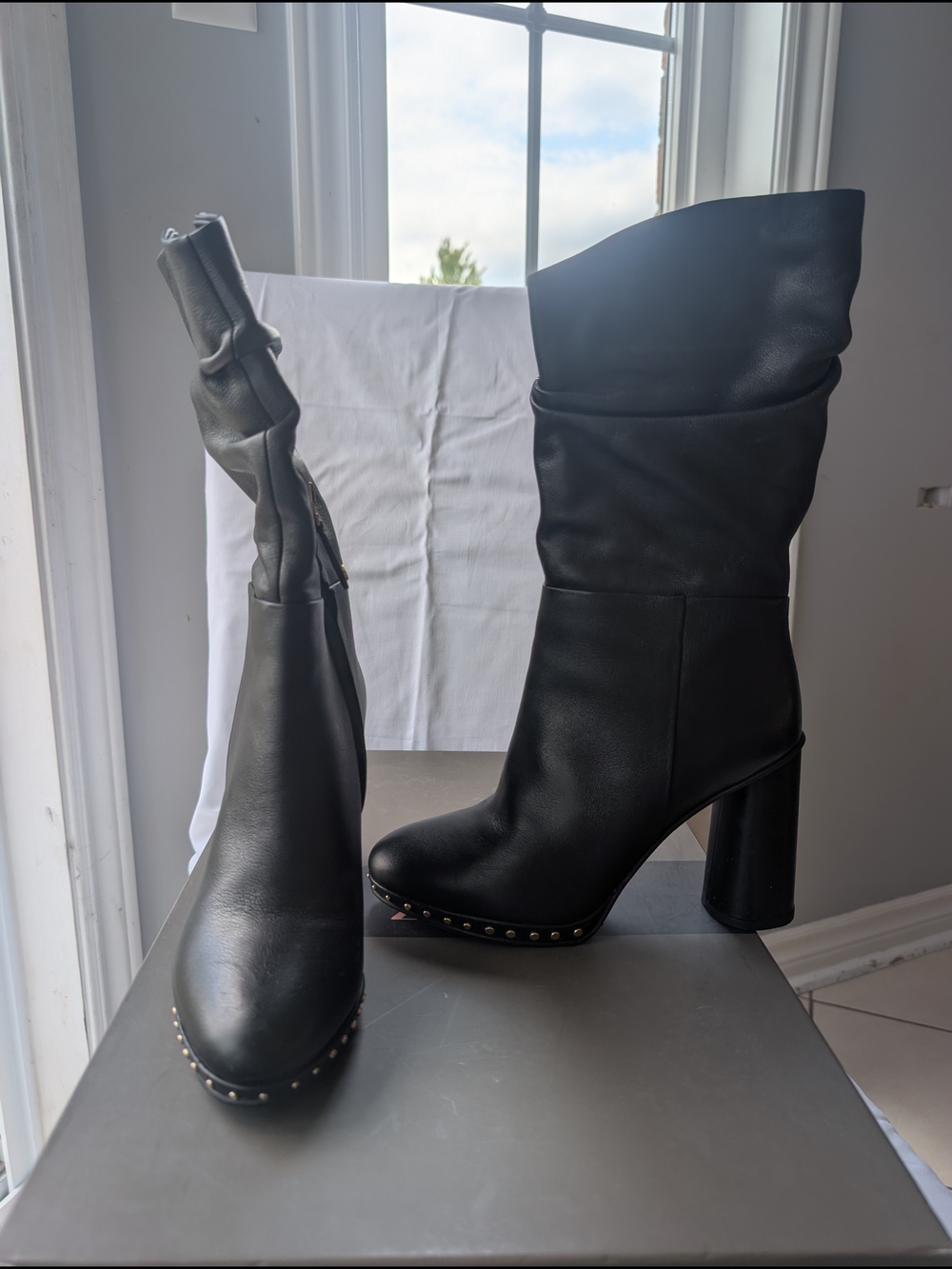 Women’s Black Stud-Trim Mid-Calf Heeled Boots